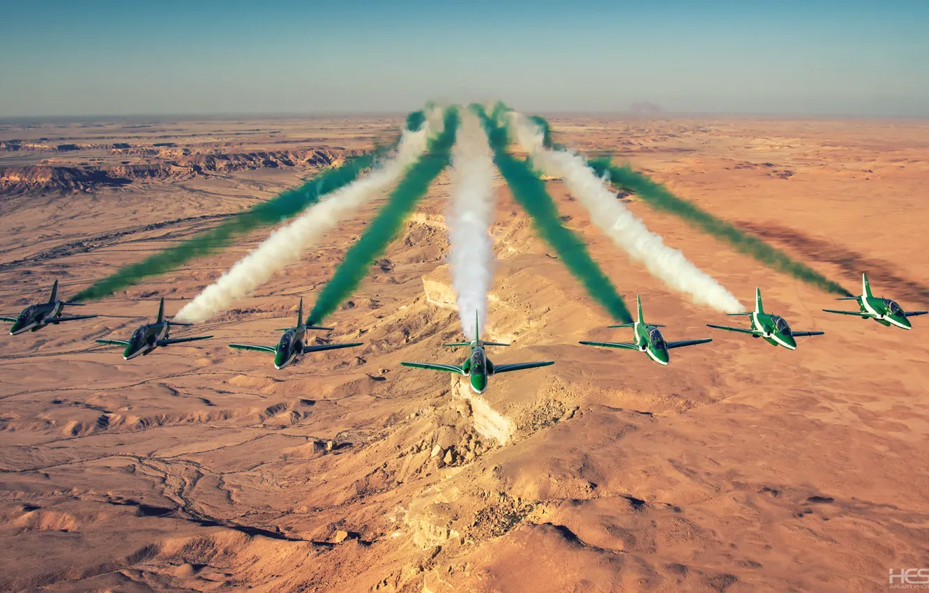 Photo wallpaper Rocks, Smoke, Desert, Aerobatic team, Hawker Siddeley Hawk, Link, HESJA Air-Art Photography, Saudi Hawks