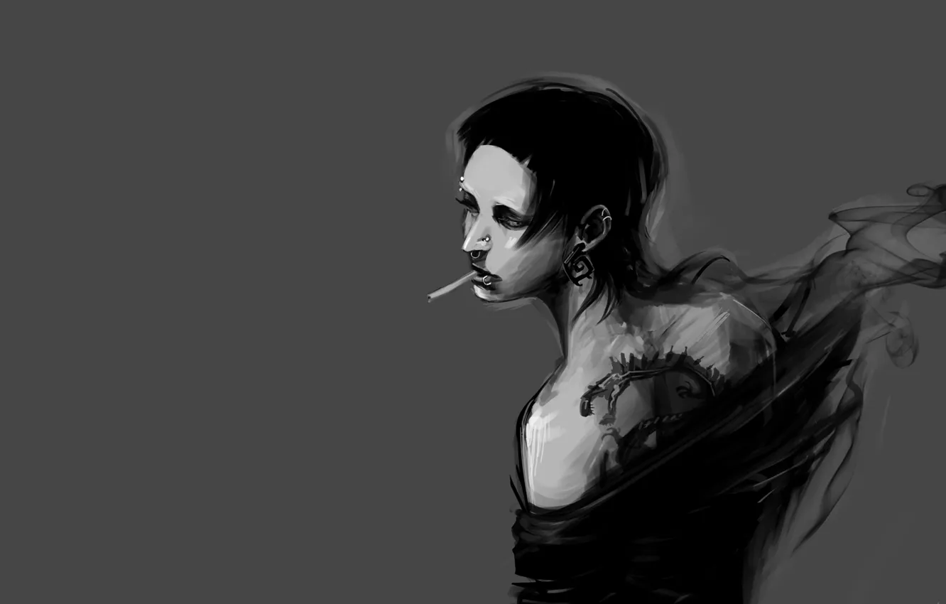 Photo wallpaper sadness, grey, smoke, piercing, tattoo, cigarette, smokes
