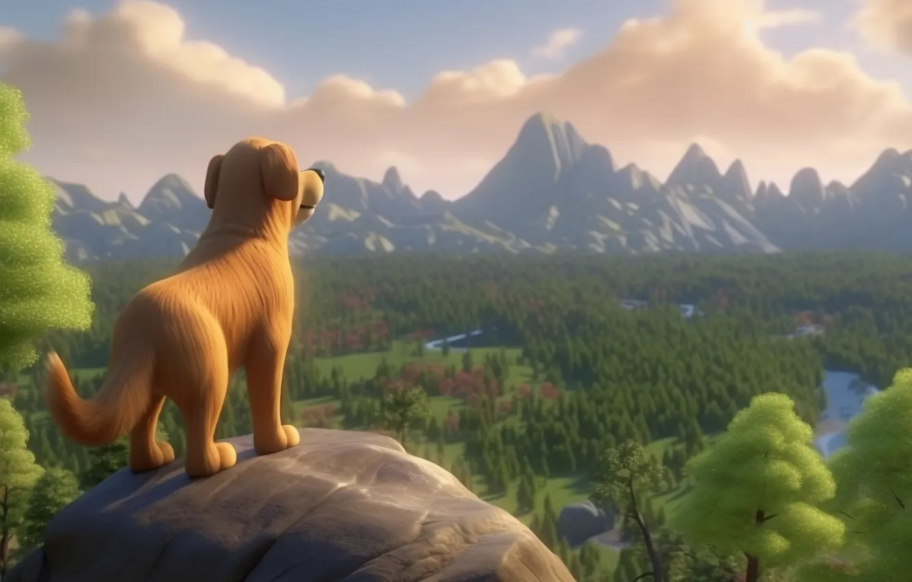 Photo wallpaper forest, mountains, dog, puppy, digital art, AI art, The Art of Artificial Intelligence, neural network