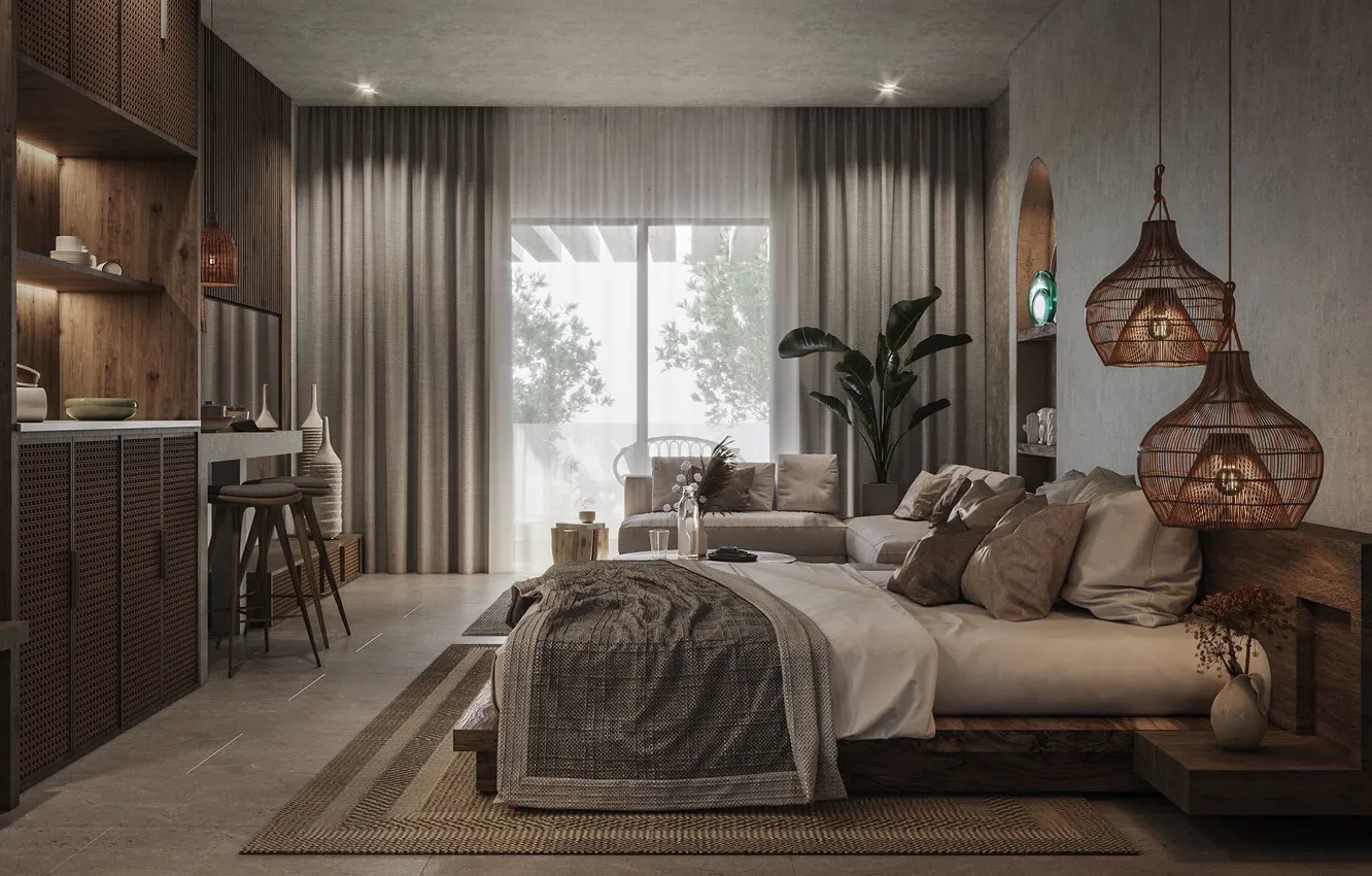 Photo wallpaper design, room, interior, wabi-sabi style bedroom