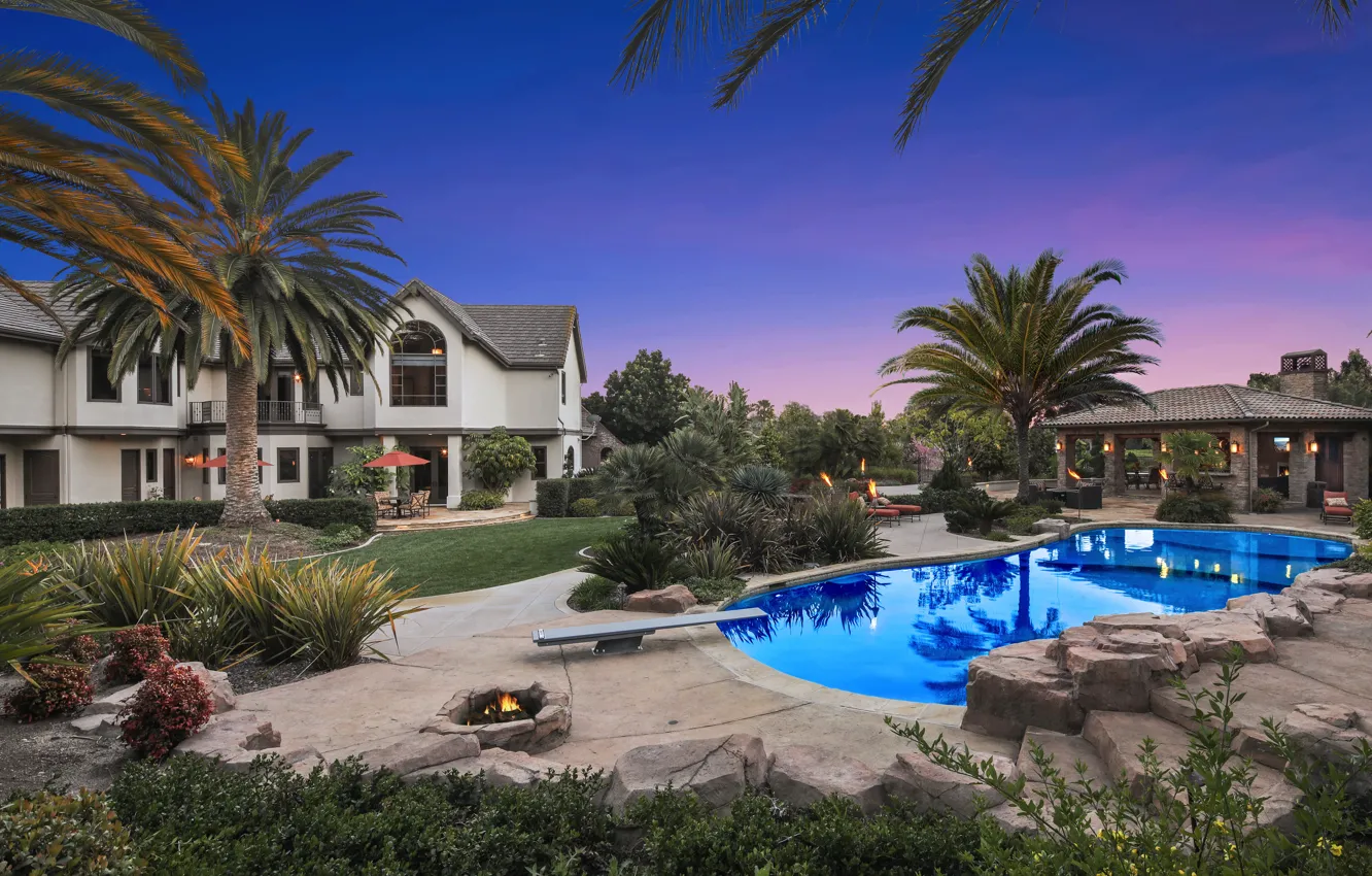 Photo wallpaper The city, House, Pool, Palm trees, The bushes, USA, Mansion, Trabuco Canyon