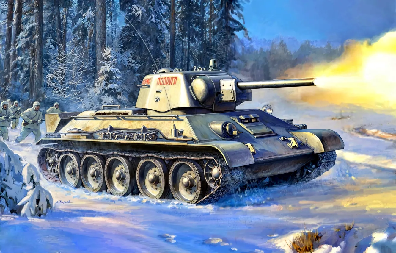 Photo wallpaper Winter, Snow, Forest, Tank, T-34, The Red Army, Soldiers, The great Patriotic war
