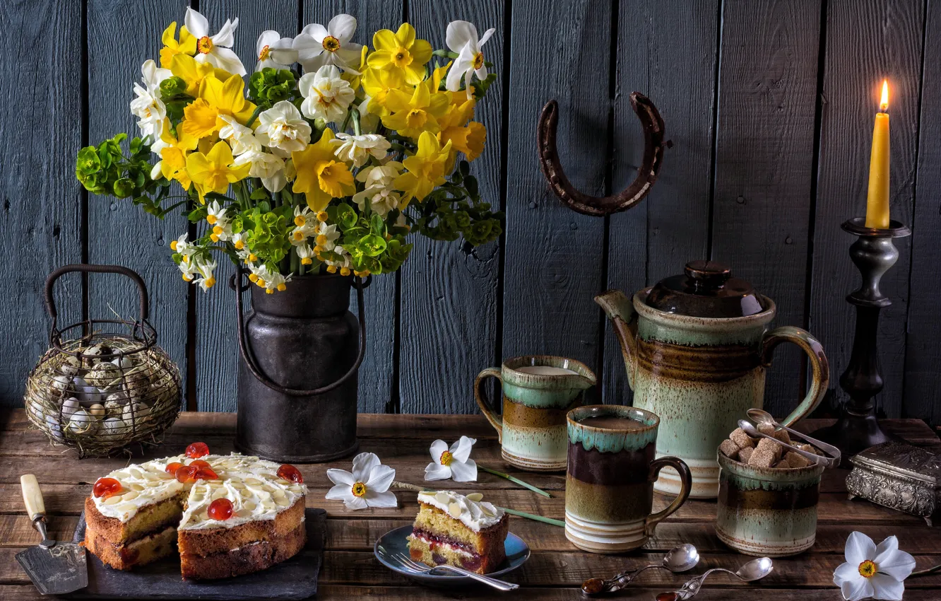 Photo wallpaper flowers, coffee, candle, eggs, bouquet, kettle, cake, sugar