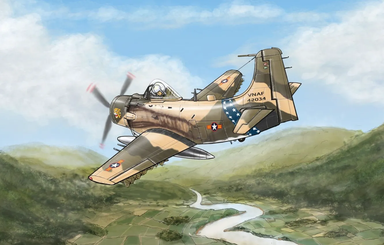 Photo wallpaper war, art, attack, Vietnam, Douglas, A-1 Skyraider