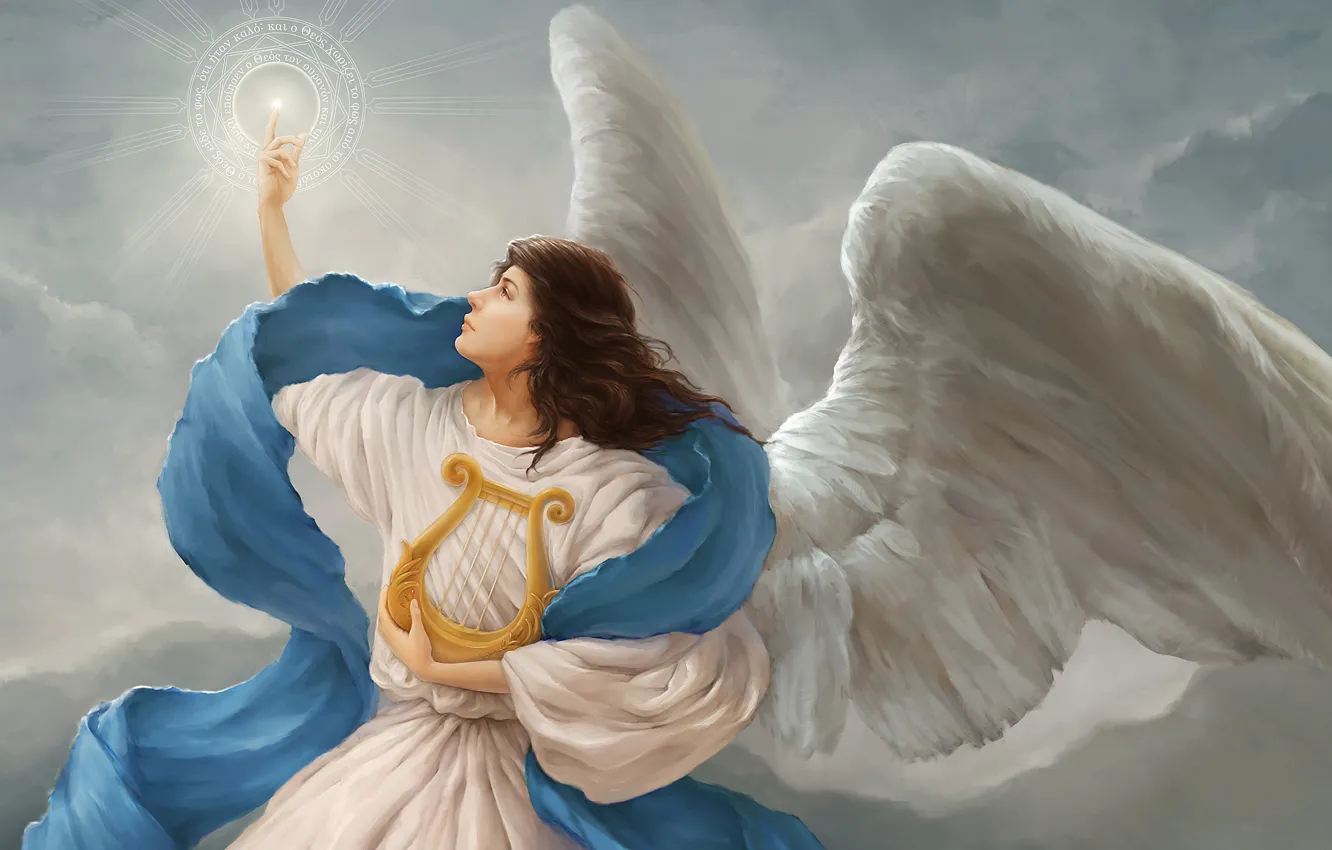 Photo wallpaper clouds, light, wings, Angel, harp, symbol