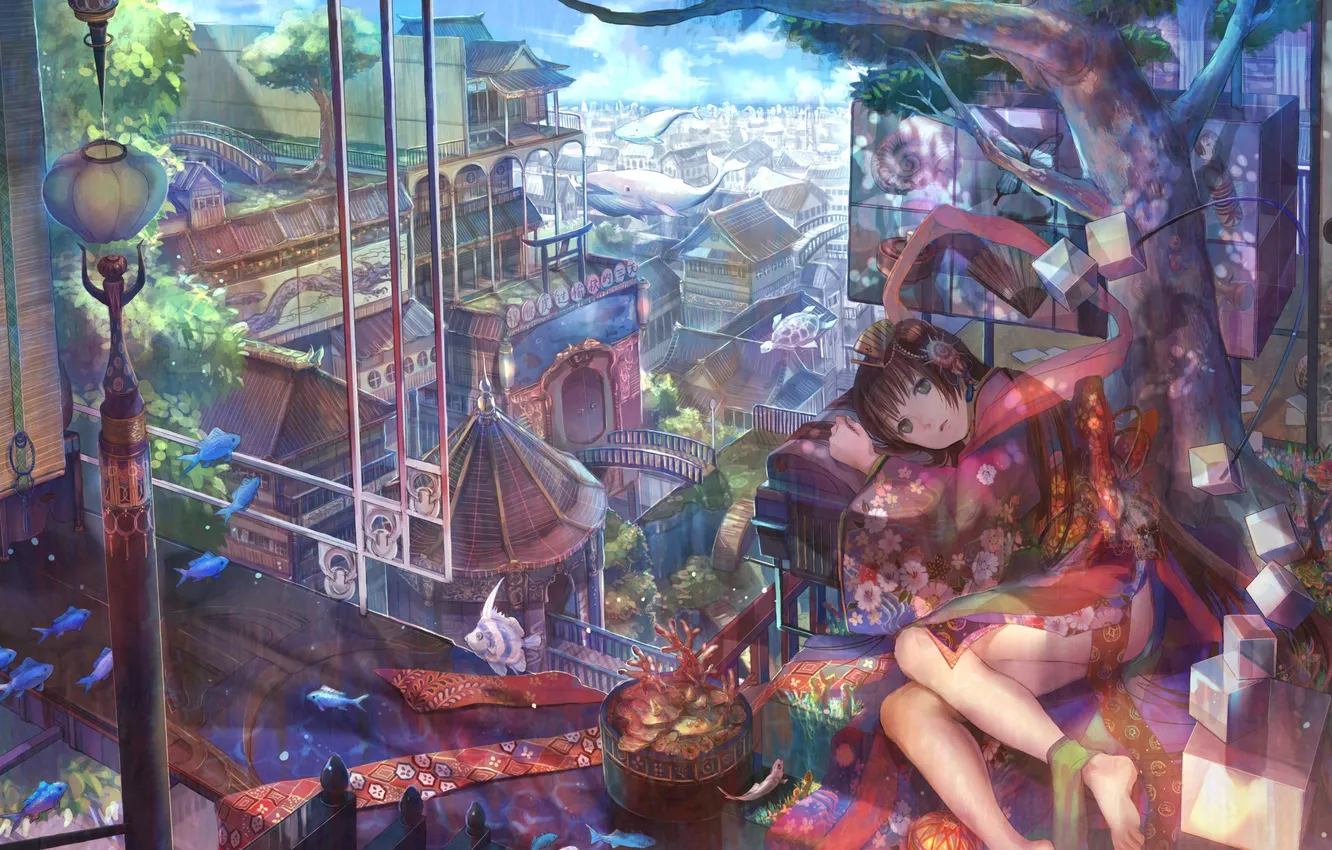 Photo wallpaper girl, butterfly, cubes, lamp, fish, kimono