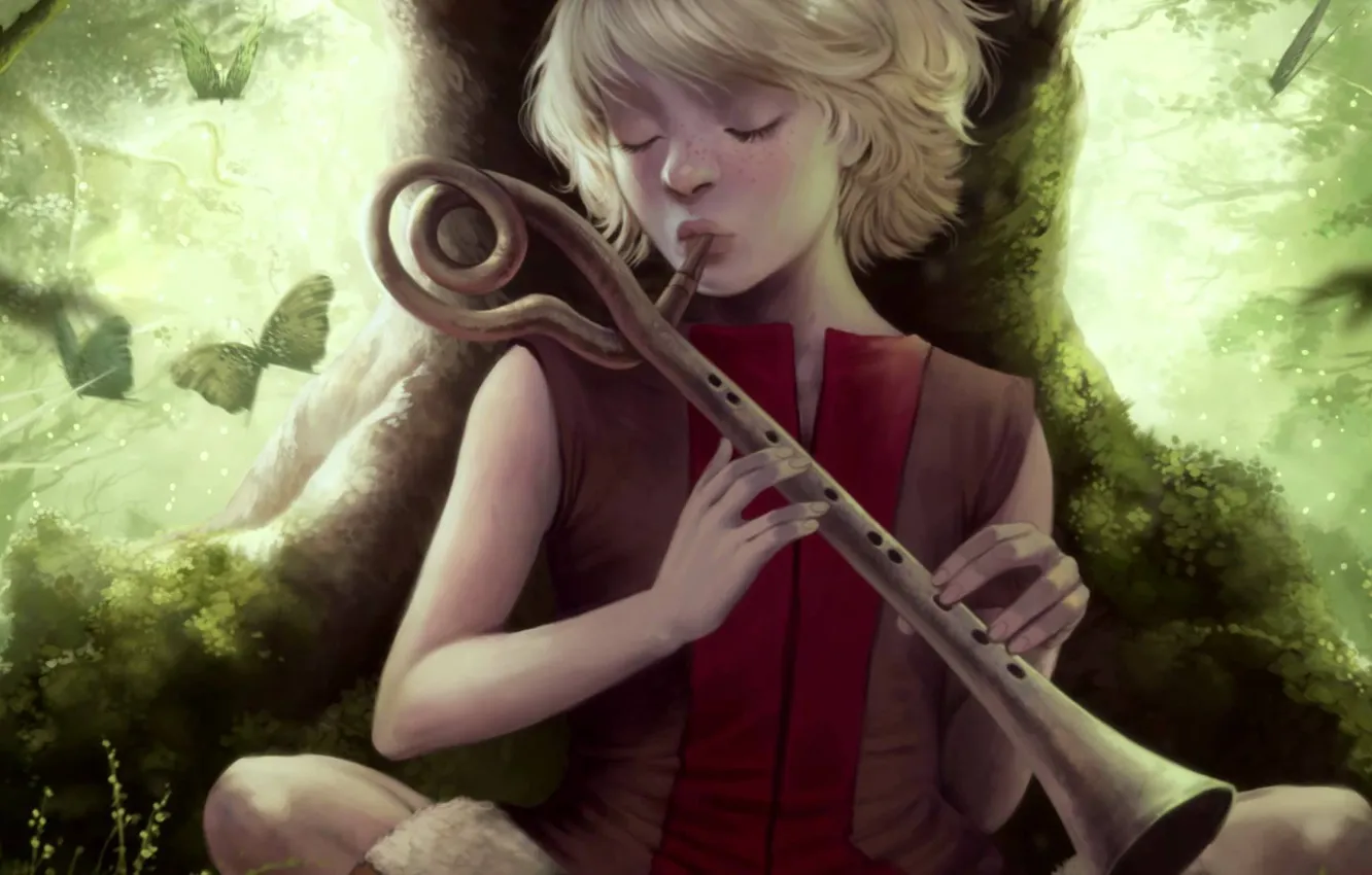 Photo wallpaper fantasy, boy, art, the flute, shepherd