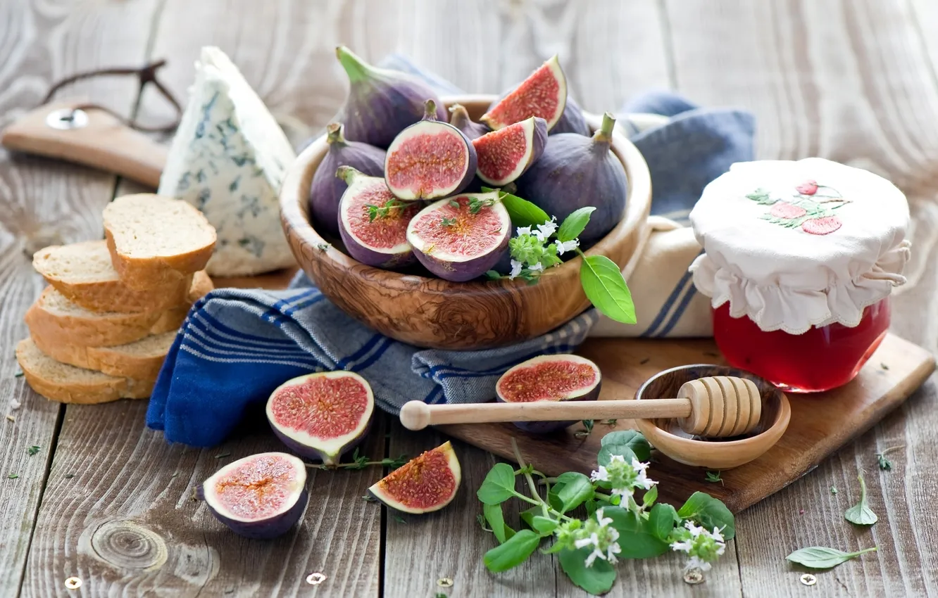 Photo wallpaper berries, cheese, bread, spoon, jam, jam, figs, Anna Verdina