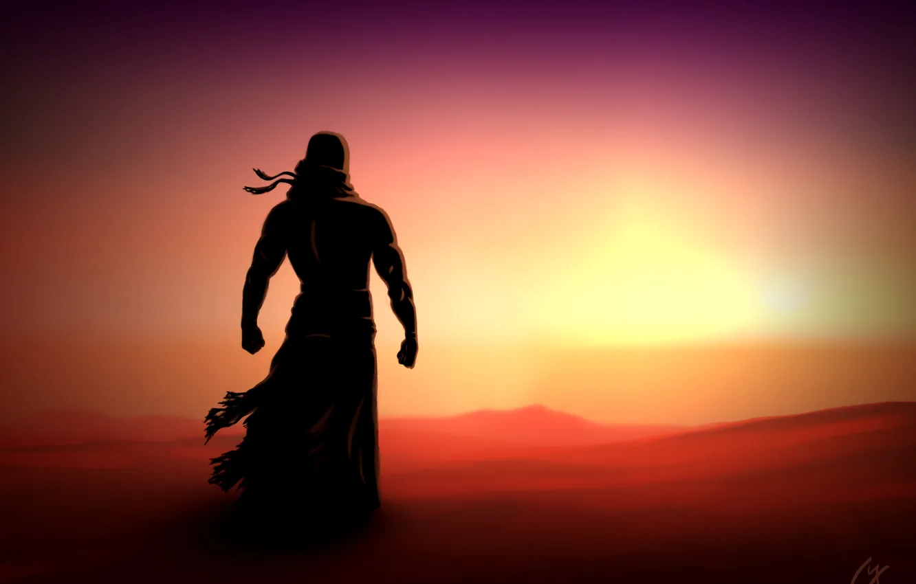 Photo wallpaper sunset, desert, figure, people, silhouette