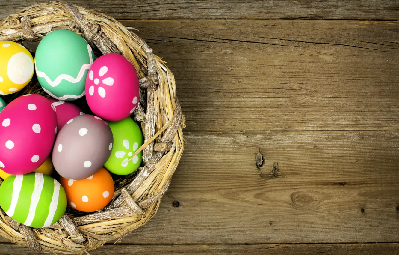 Photo wallpaper eggs, colorful, Easter, happy, wood, spring, Easter, eggs