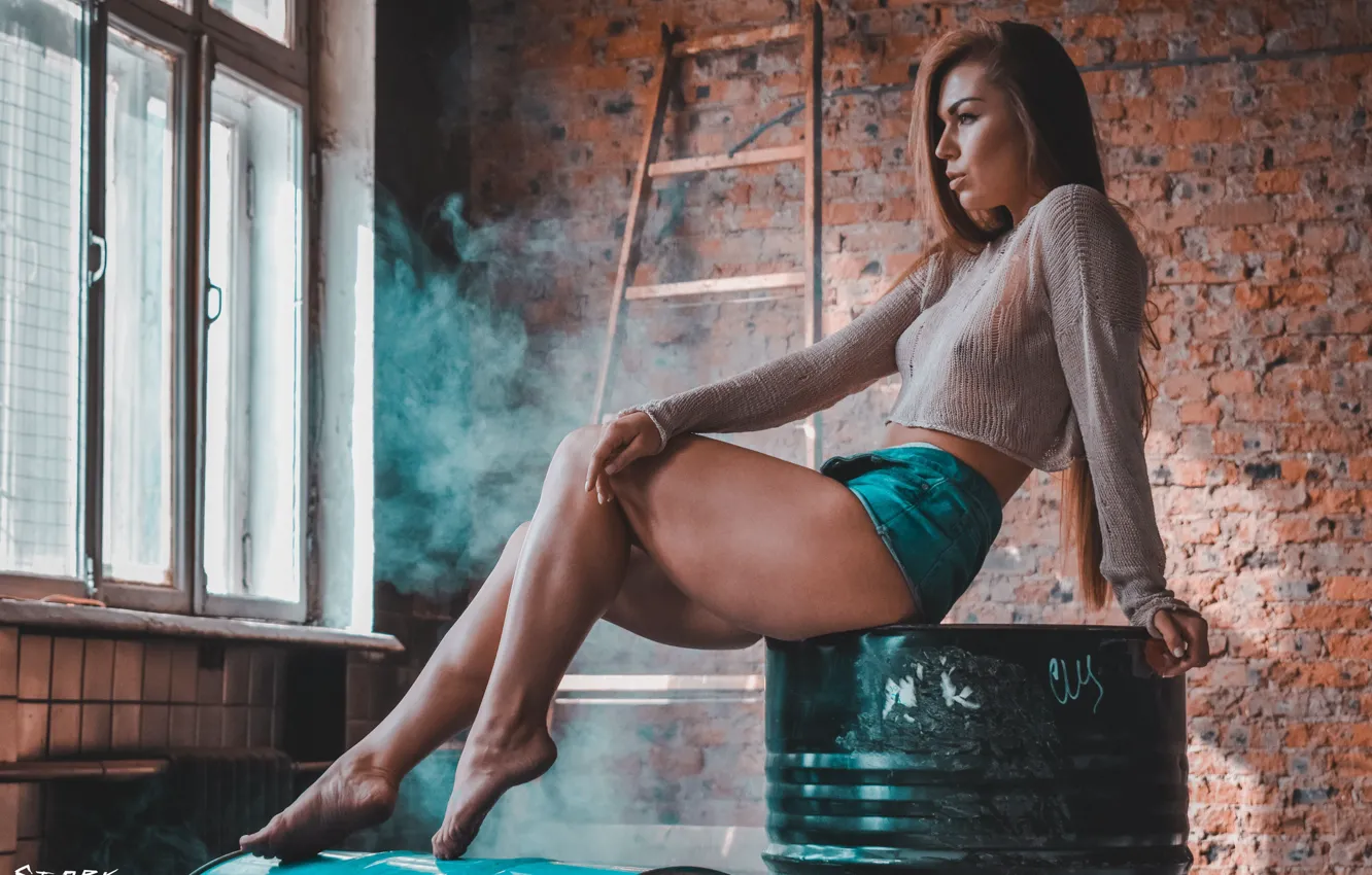 Photo wallpaper girl, wall, shorts, legs, smoke, photo, photographer, bricks
