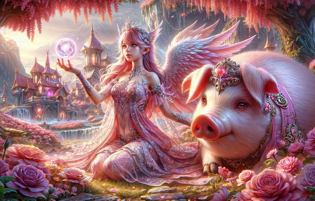 Photo wallpaper girl, decoration, flowers, magic, fairy, pig