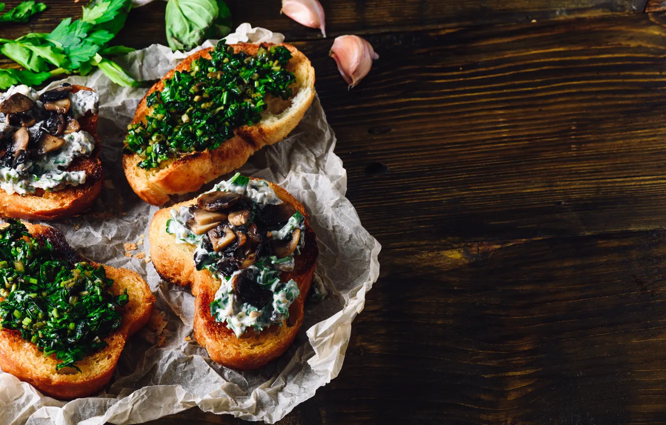 Photo wallpaper greens, food, bread, eggplant, garlic, sandwiches, mayonnaise, green onions