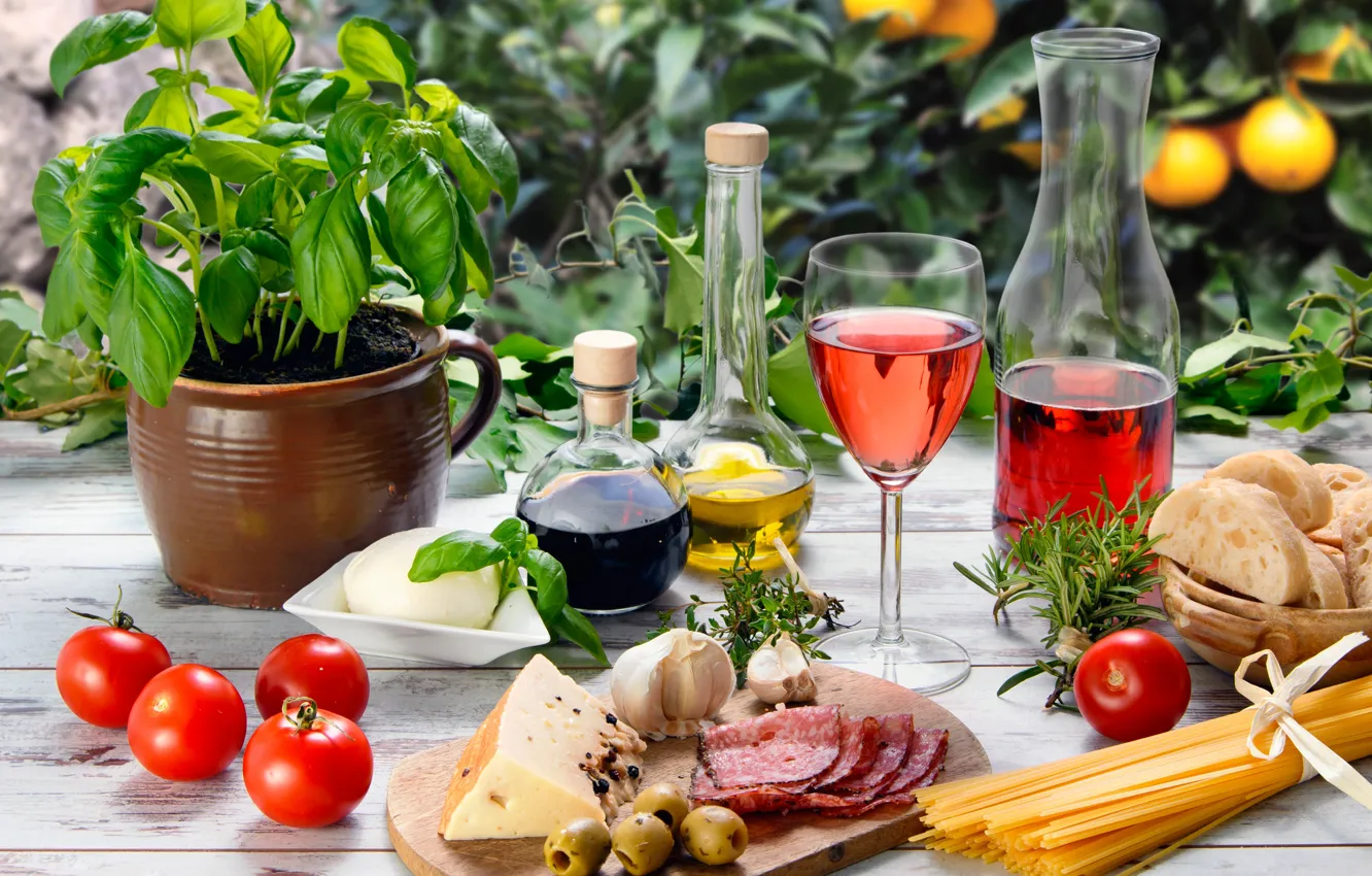 Photo wallpaper table, wine, red, glass, oil, food, cheese, bread