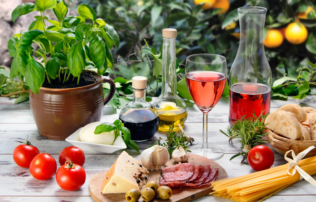 Photo wallpaper red, table, wine, glass, oil, food, cheese, bread
