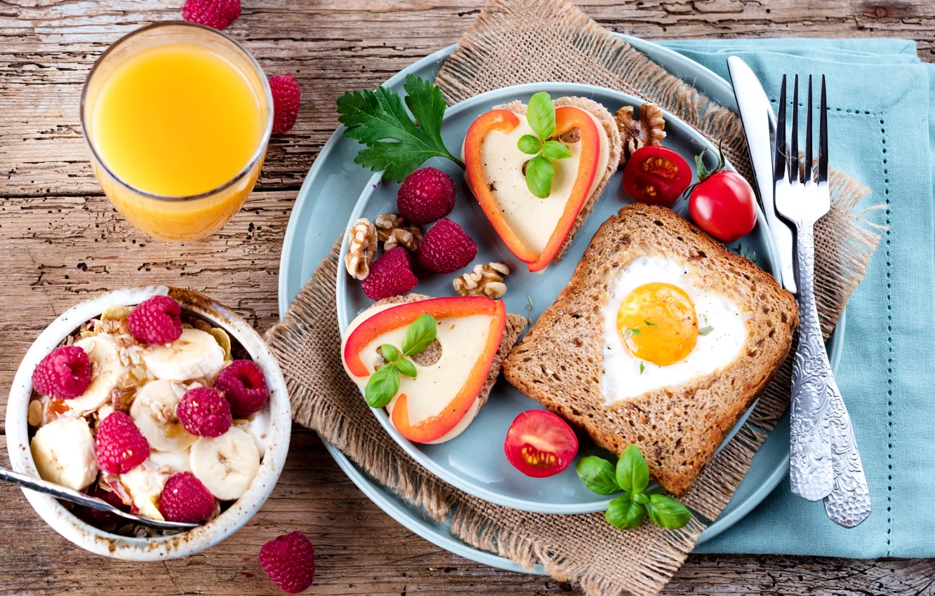 Photo wallpaper berries, raspberry, food, Breakfast, cheese, bananas, orange juice, sandwiches
