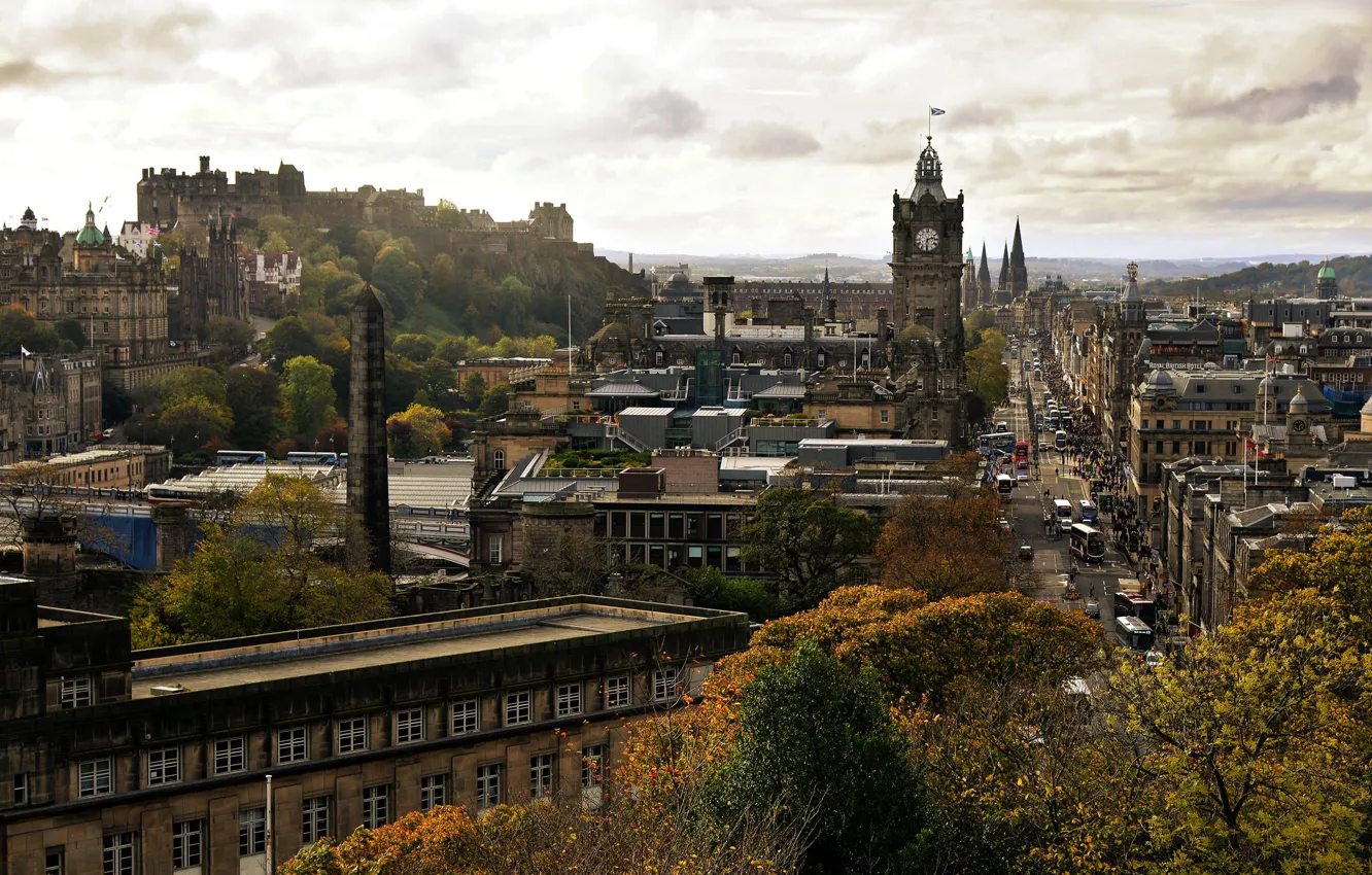 Photo wallpaper street, watch, tower, home, Scotland, panorama, Edinburgh