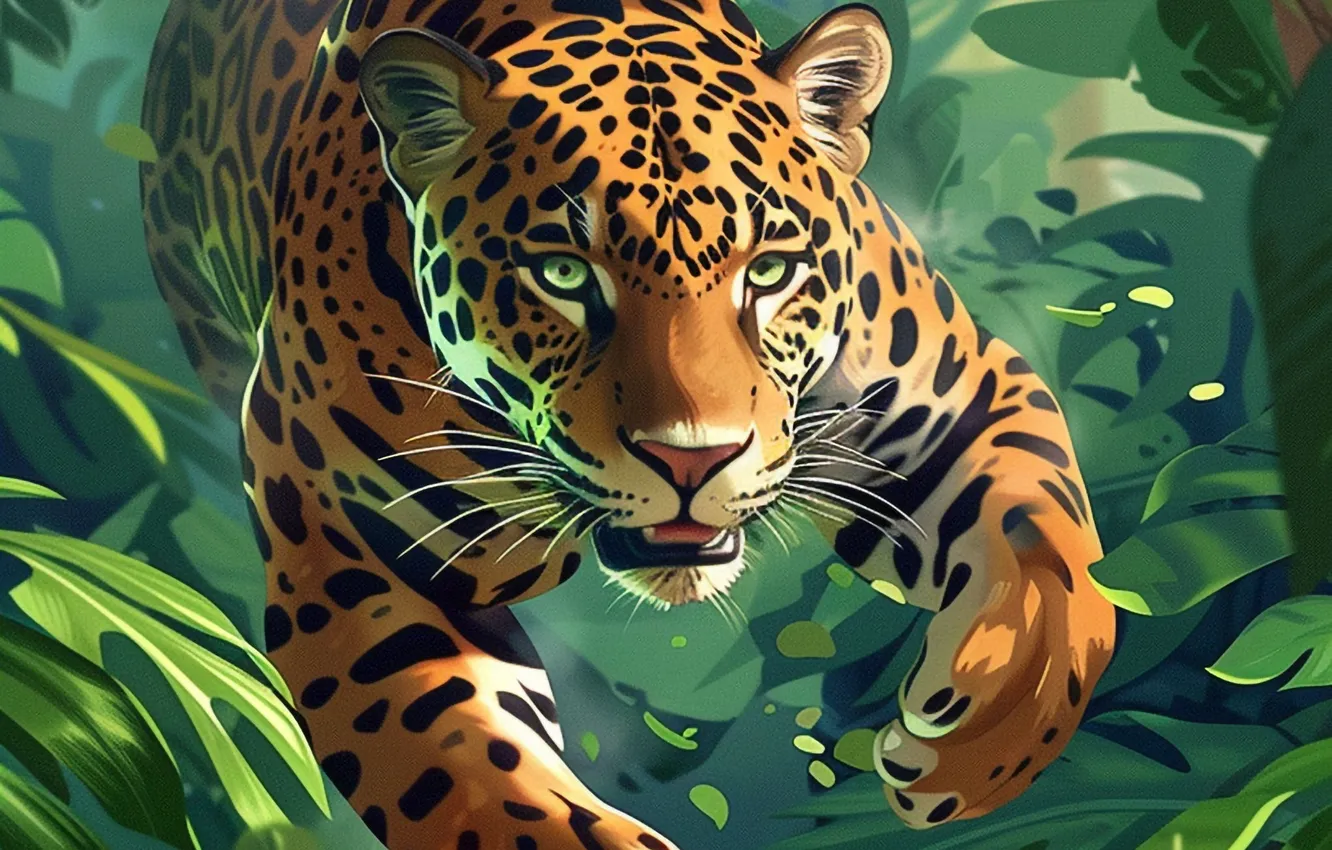 Photo wallpaper Leaves, Jump, Jaguar, Face, Predator, Art, Digital art, Big cat