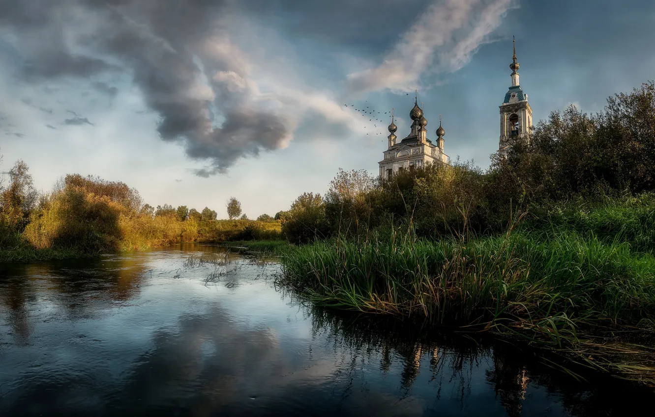 Photo wallpaper grass, shore, Church, temple, Russia, pond