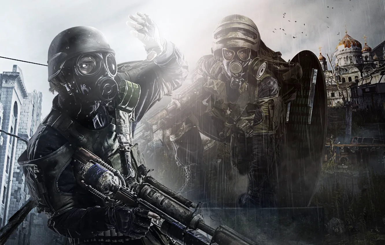 Photo wallpaper look, light, weapons, metro, Apocalypse, gas mask, helmet, equipment
