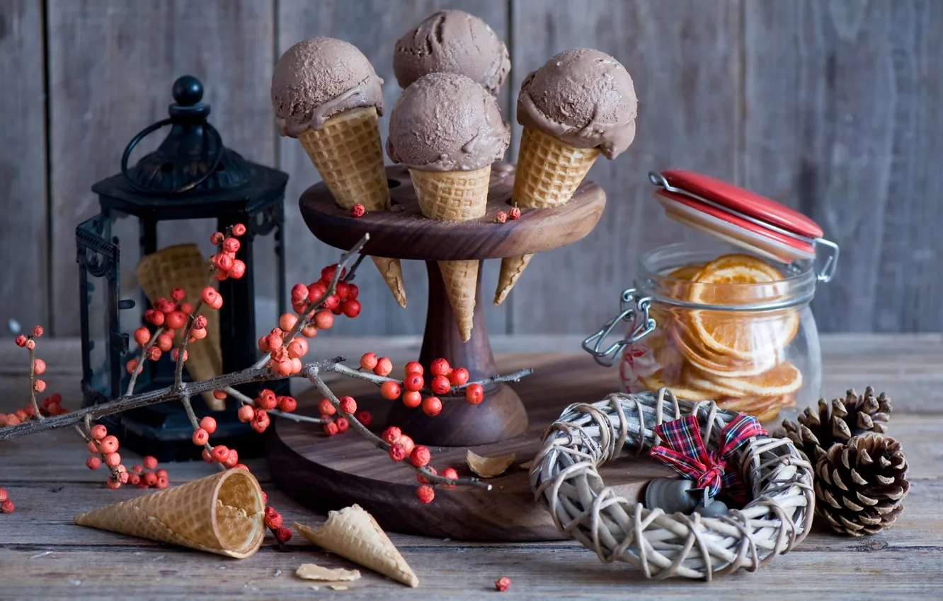 Photo wallpaper branches, berries, orange, lights, ice cream, Bank, still life, bumps