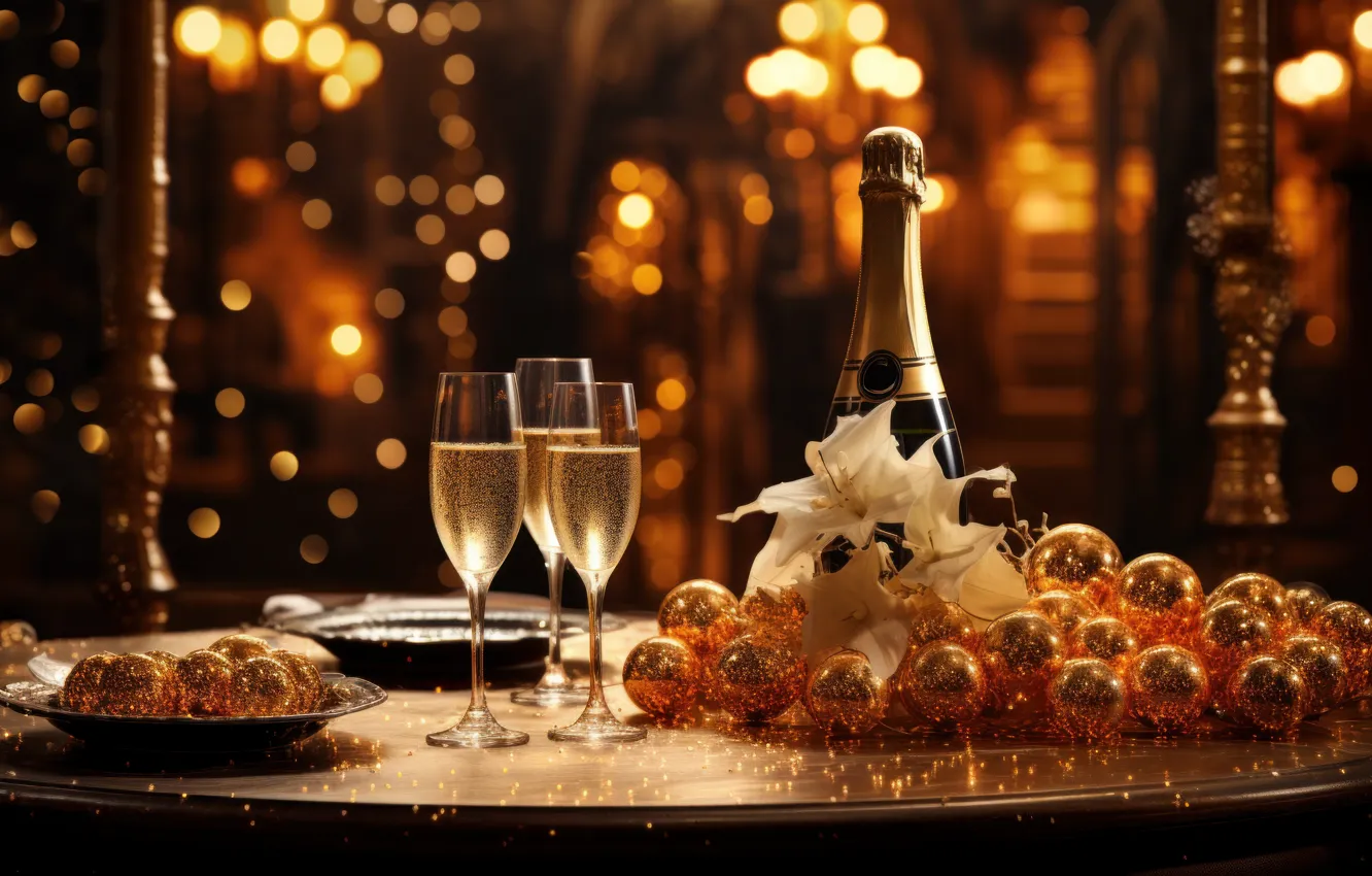 Photo wallpaper balls, lights, holiday, wine, Shine, glass, bottle, new year