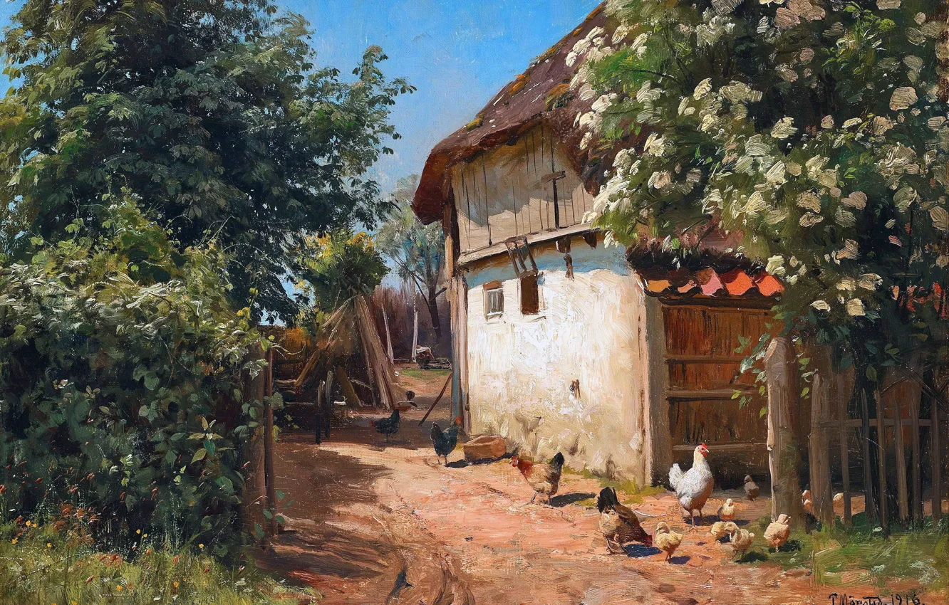 Photo wallpaper trees, chickens, home, picture, chickens, Peder Mork Monsted, Danish painter, Peter Merk Of Menstad