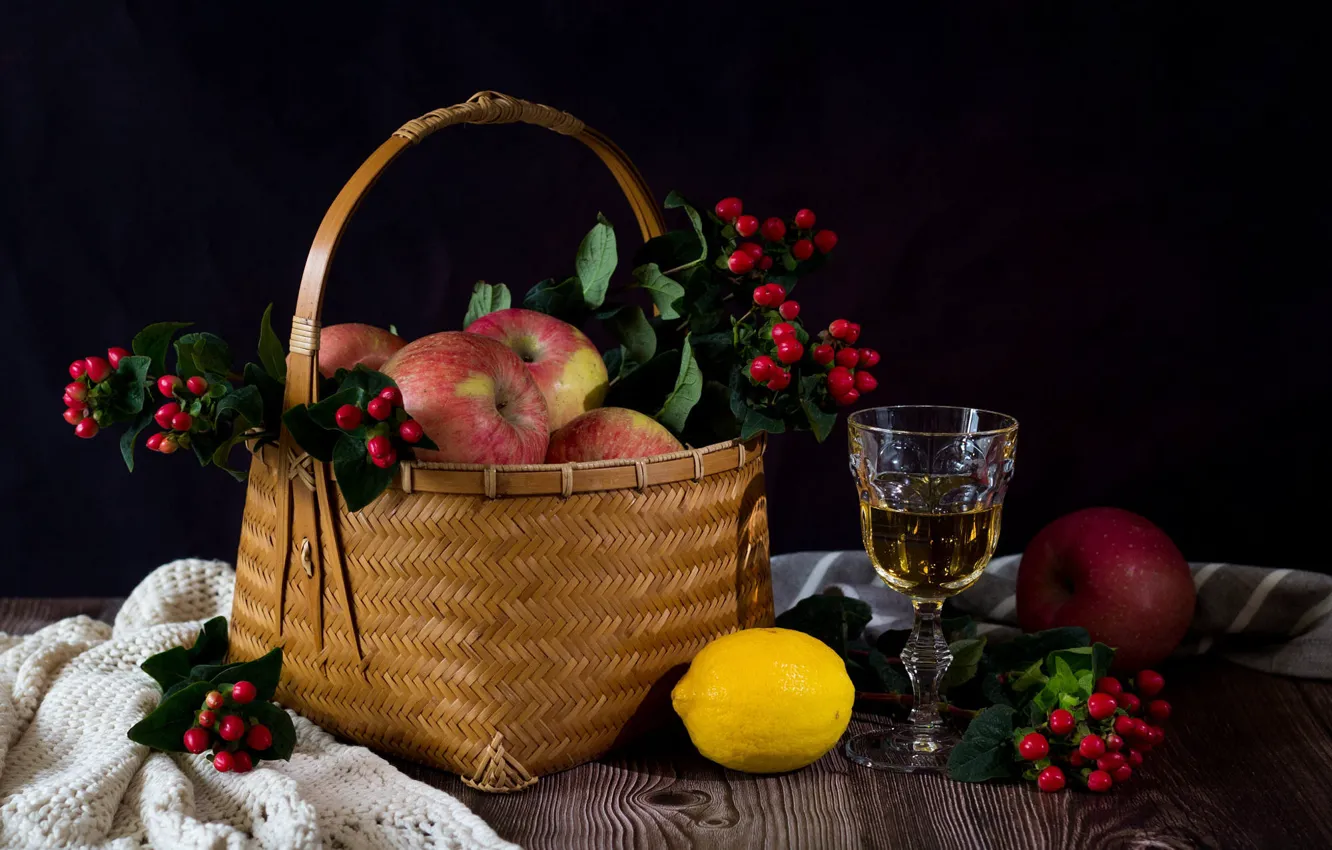 Photo wallpaper red, berries, the dark background, table, wine, lemon, apples, glass