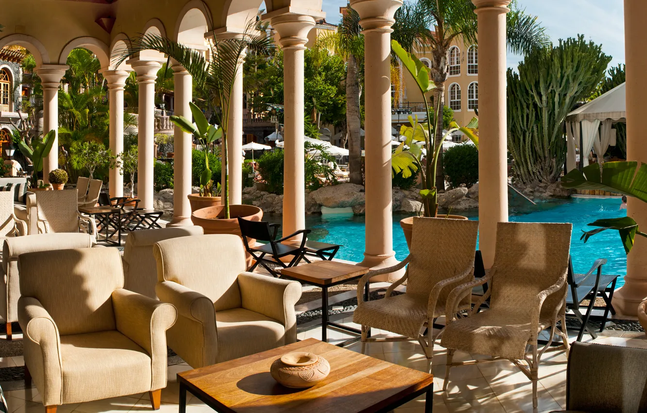 Photo wallpaper greens, Villa, pool, columns, the hotel, architecture, resort, terrace