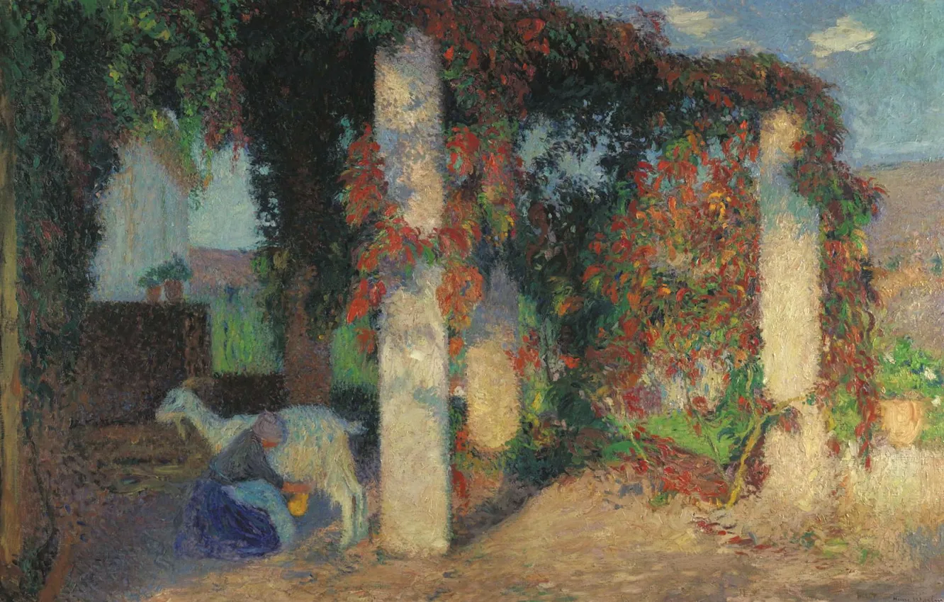 Photo wallpaper picture, genre, Henri-Jean Guillaume Martin, Henri Matrin, Young Girl Milking the Goat in the Arbour …