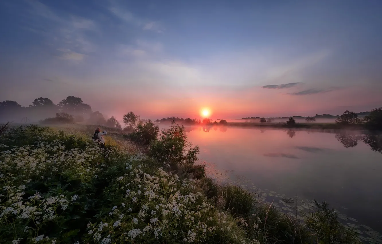 Photo wallpaper summer, the sky, flowers, fog, river, dawn, Russia, Andrei