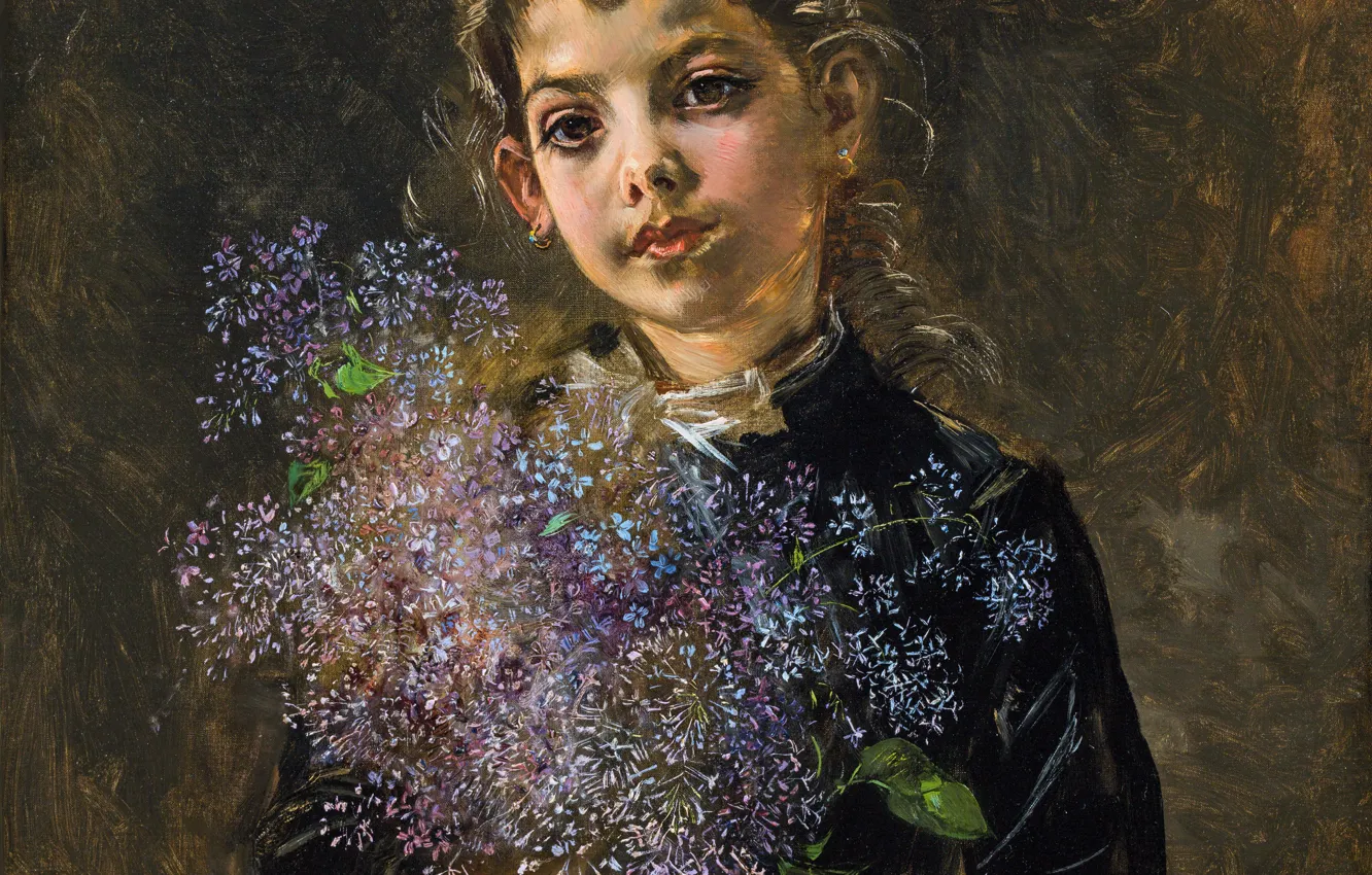 Photo wallpaper look, girl, picture, lilac, Austrian painter, Anton Romako, Girl with a bouquet of lilacs, Anton …