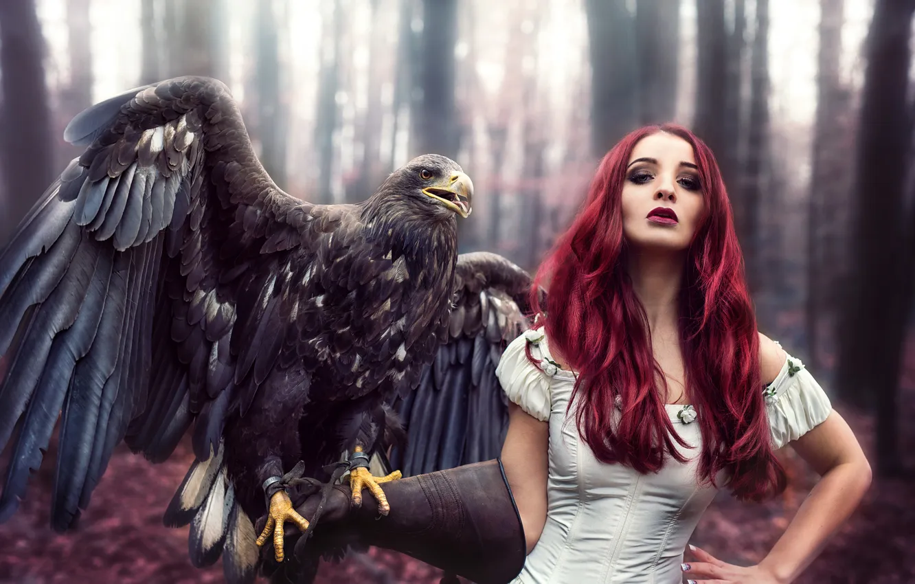 Photo wallpaper Girl, Eagle, Beautiful, Beauty, Woman, Bird, Hawk, Portrait