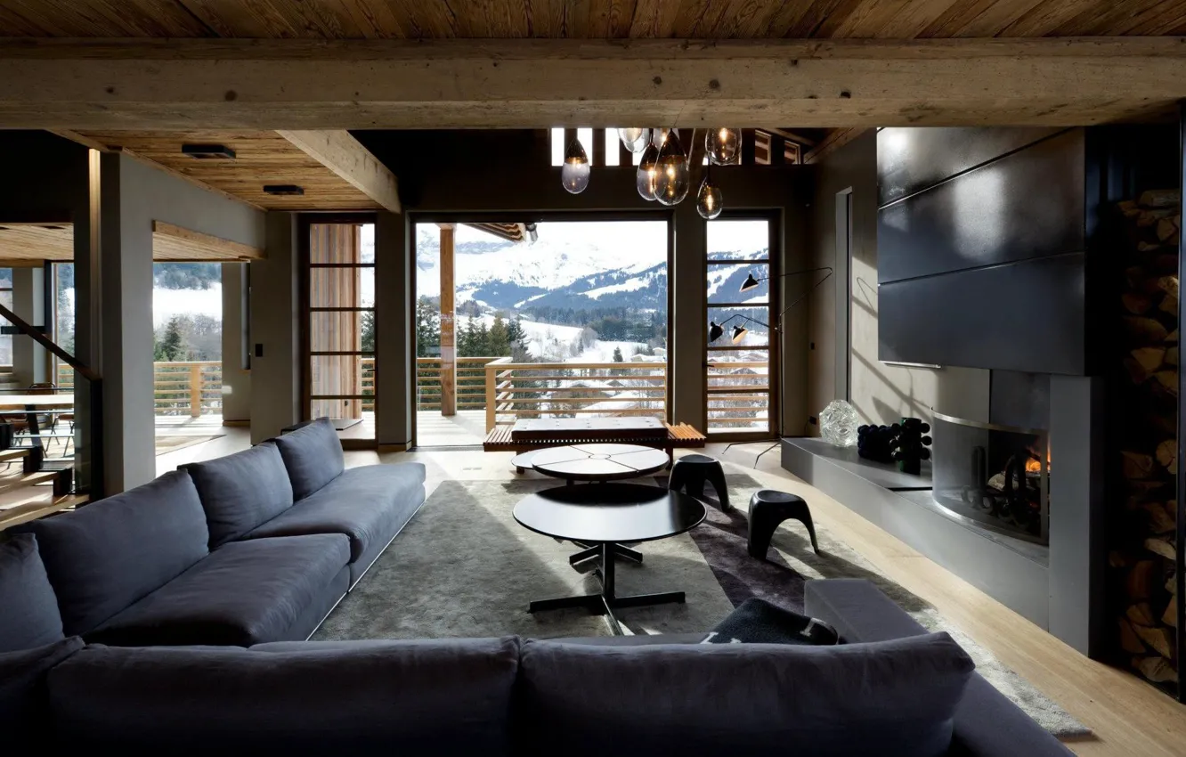 Photo wallpaper interior, fireplace, living room, chalet Cyanella
