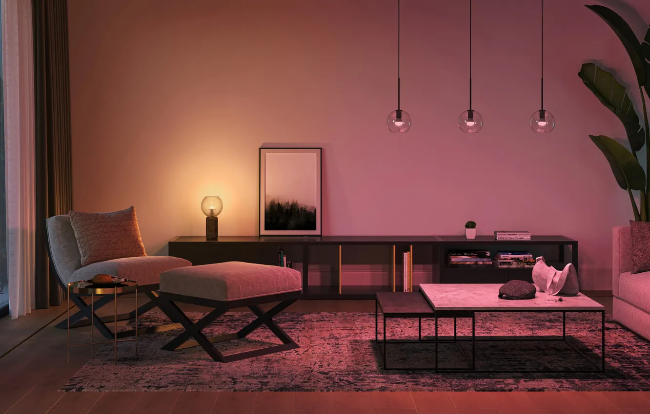 Photo wallpaper lamp, plant, style, picture, interior, relax, sofa, living room