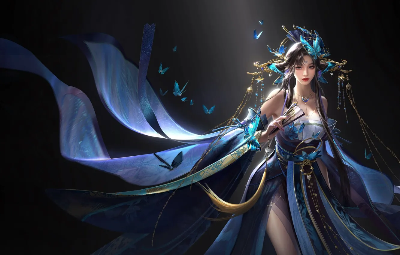 Photo wallpaper art, butterfly, Hanfu