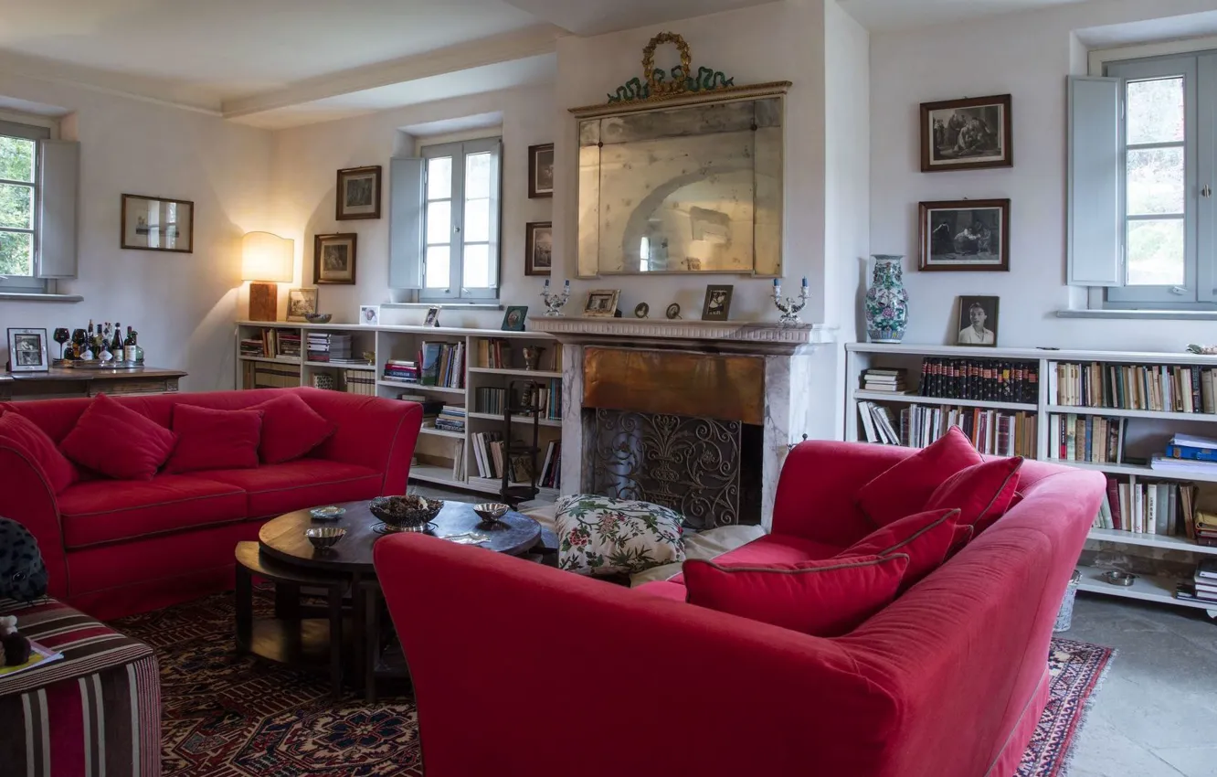 Photo wallpaper design, style, interior, Italy, fireplace, library, living room