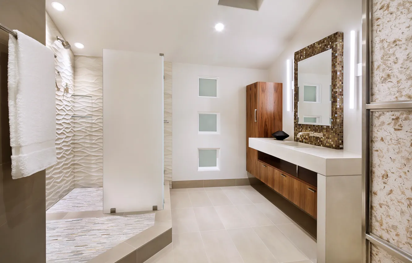 Photo wallpaper interior, towel, mirror, the door, bath, design, interior, bathroom