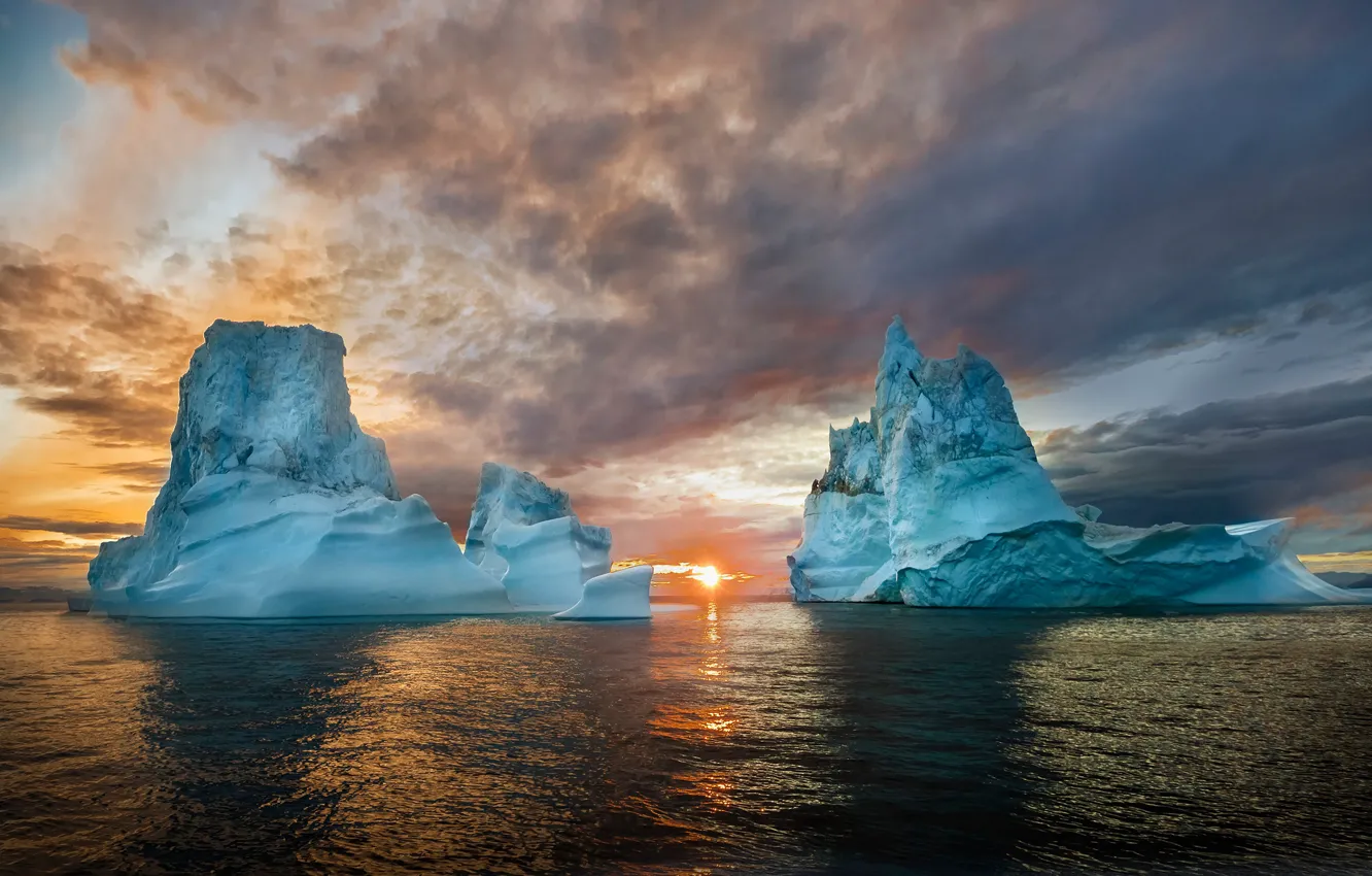 Photo wallpaper cold, ice, sea, the sky, water, the sun, clouds, light