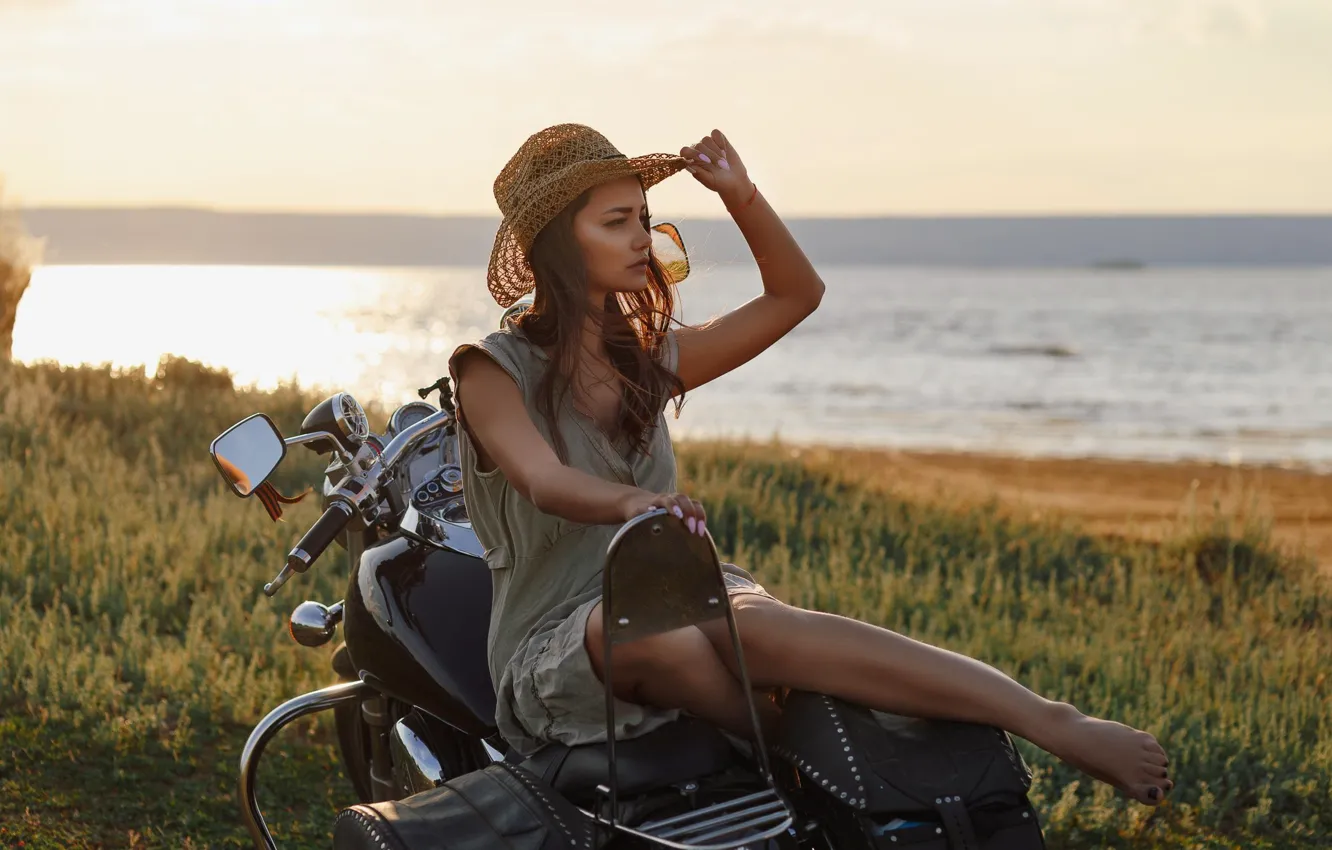 Photo wallpaper water, girl, pose, hand, hat, motorcycle, bike, leg