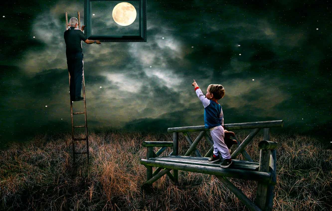 Photo wallpaper the moon, stars, boy, Look garndad you have caught the moon for me