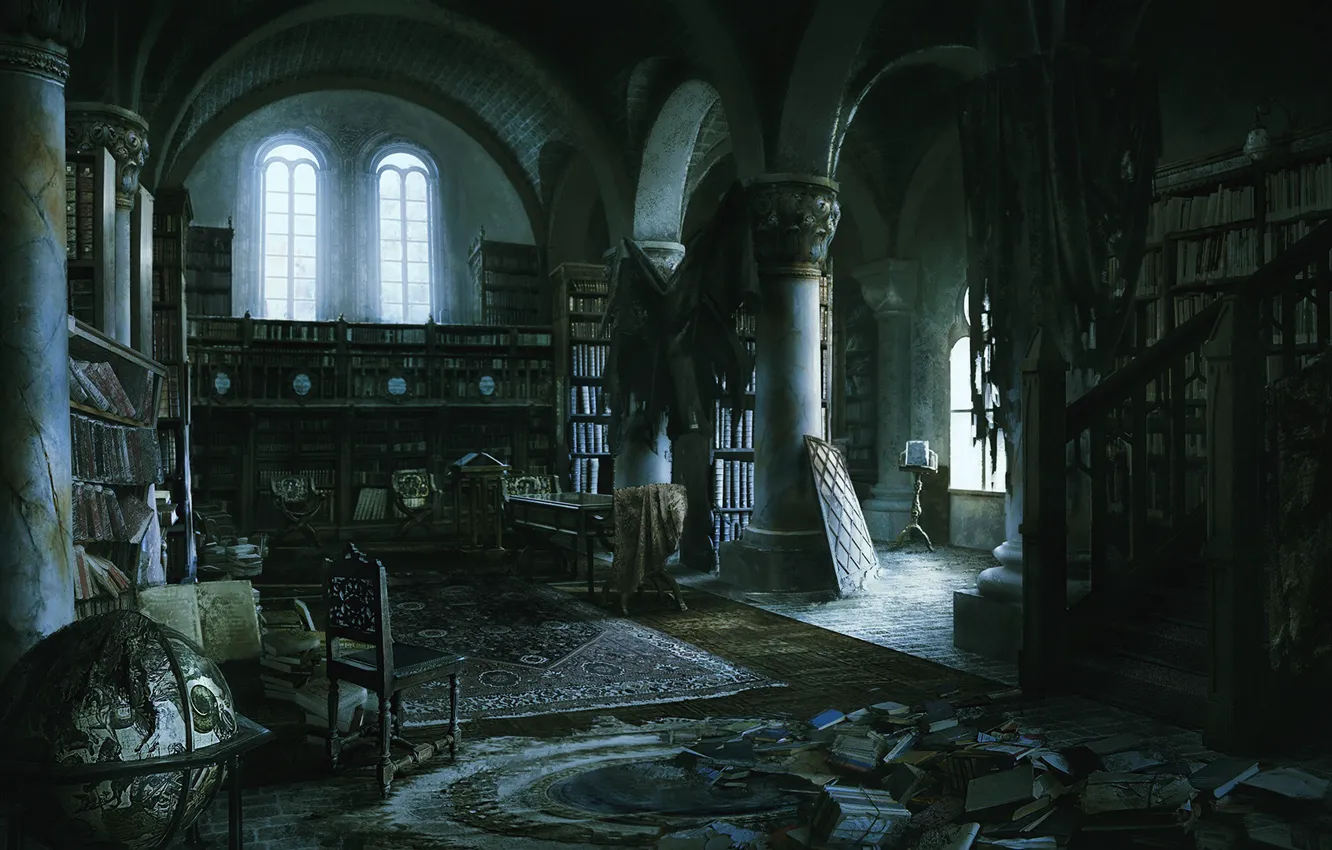 Photo wallpaper twilight, mess, the room, old library