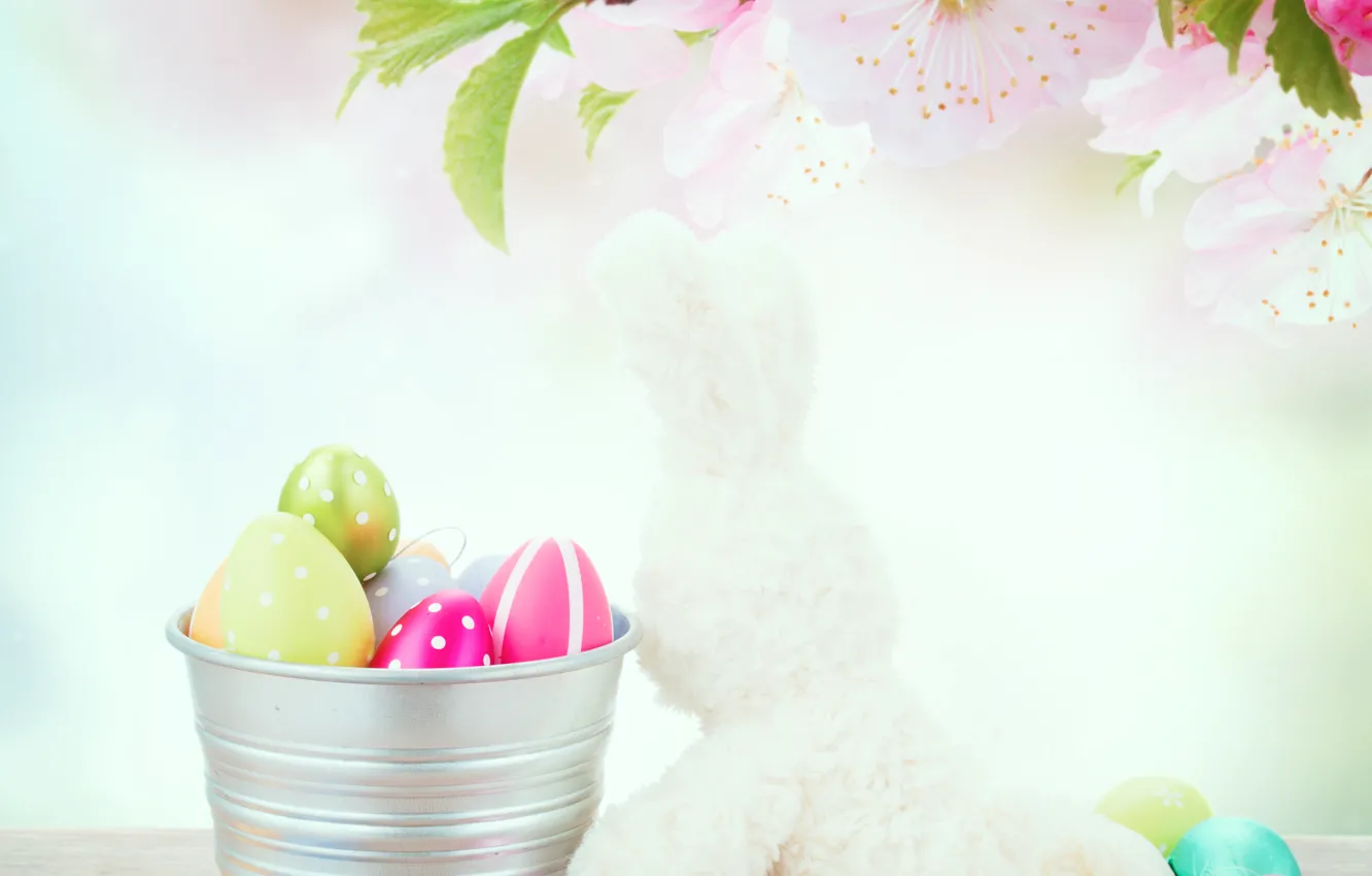 Photo wallpaper flowers, holiday, toys, Board, hare, eggs, branch, Easter
