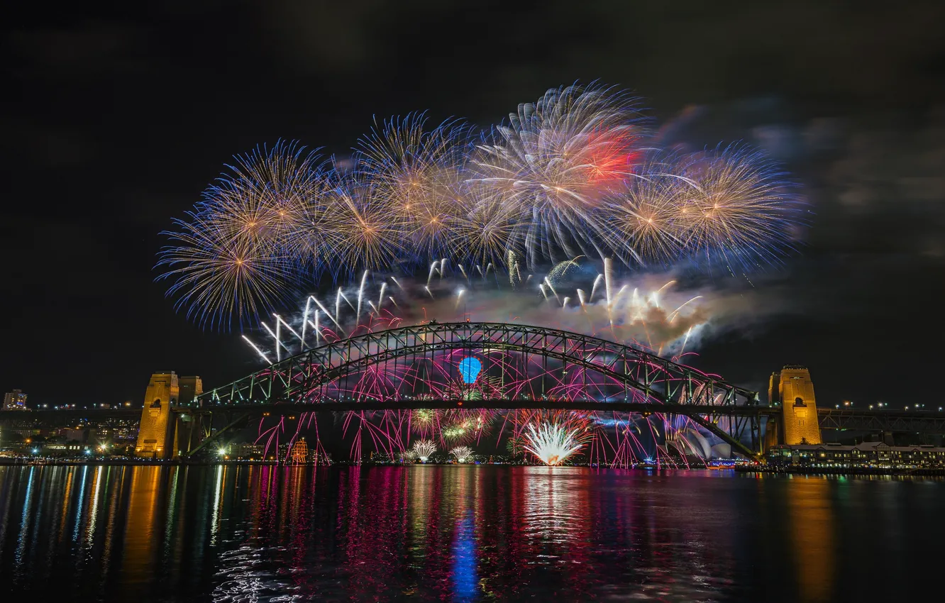 Photo wallpaper night, bridge, the city, lights, Australia, Sydney, fireworks, Harbour Bridge