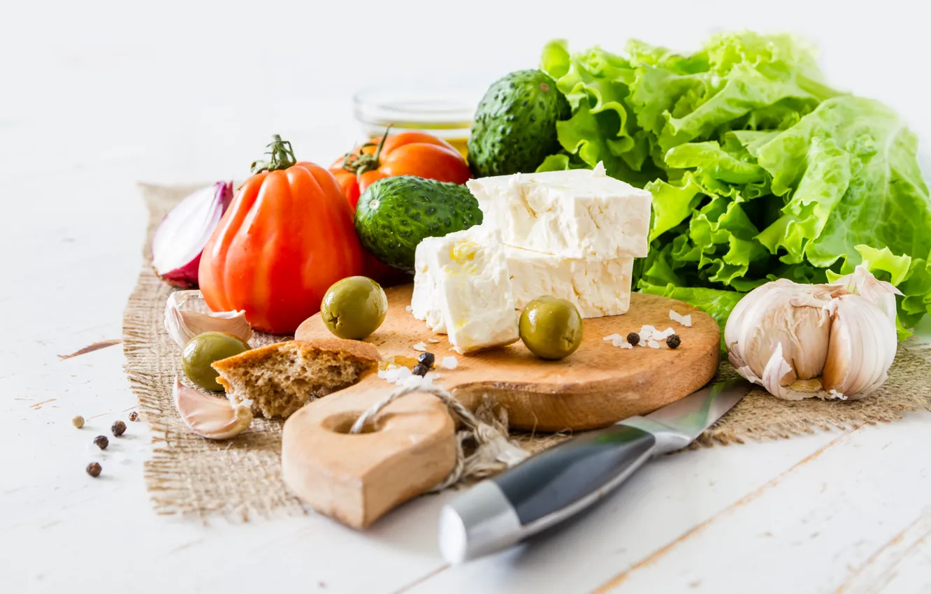 Photo wallpaper cheese, vegetables, tomatoes, spices, garlic, lettuce, Naumenko Oleksandra