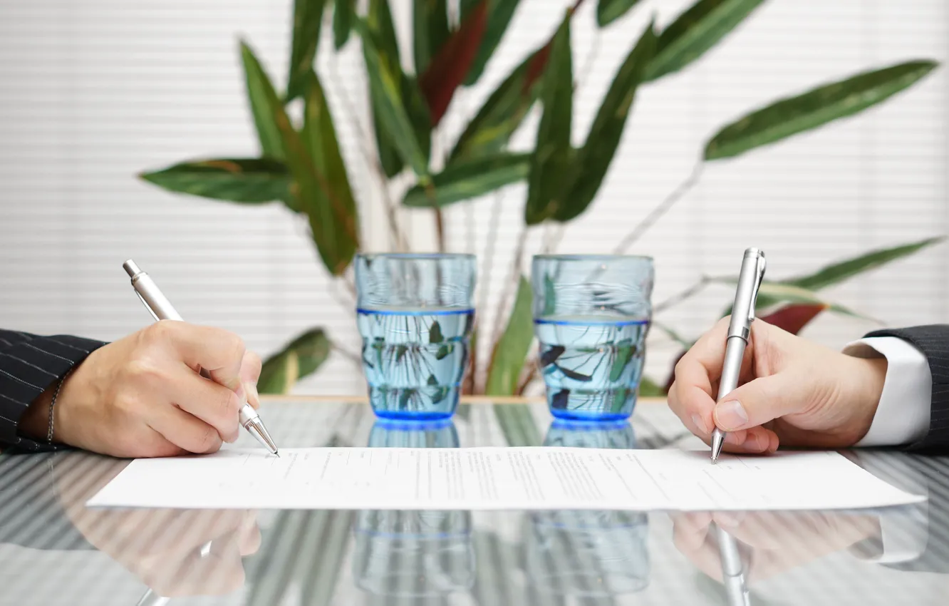 Photo wallpaper water, glasses, table, fingers, signature, pens, contract