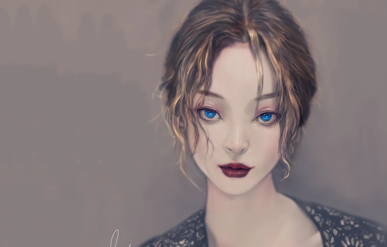 Photo wallpaper sponge, blue eyes, grey background, art, portrait of a girl, looks you in the eye, …