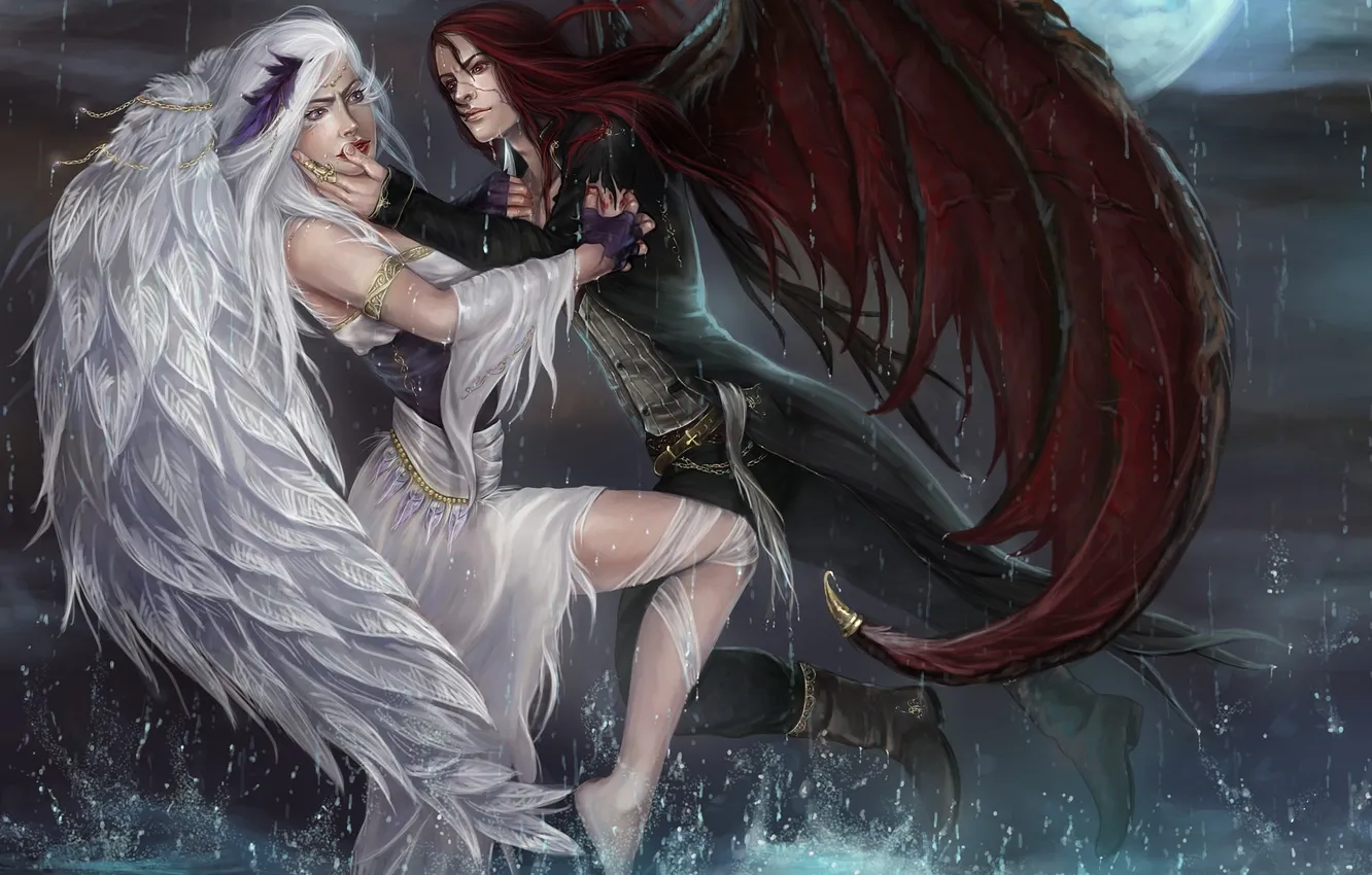 Photo wallpaper water, girl, the moon, wings, art, knife, guy, wounds