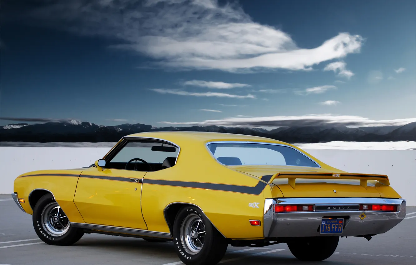 Photo wallpaper the sky, clouds, muscle car, rear view, Muscle car, GSX, Buick, Buick