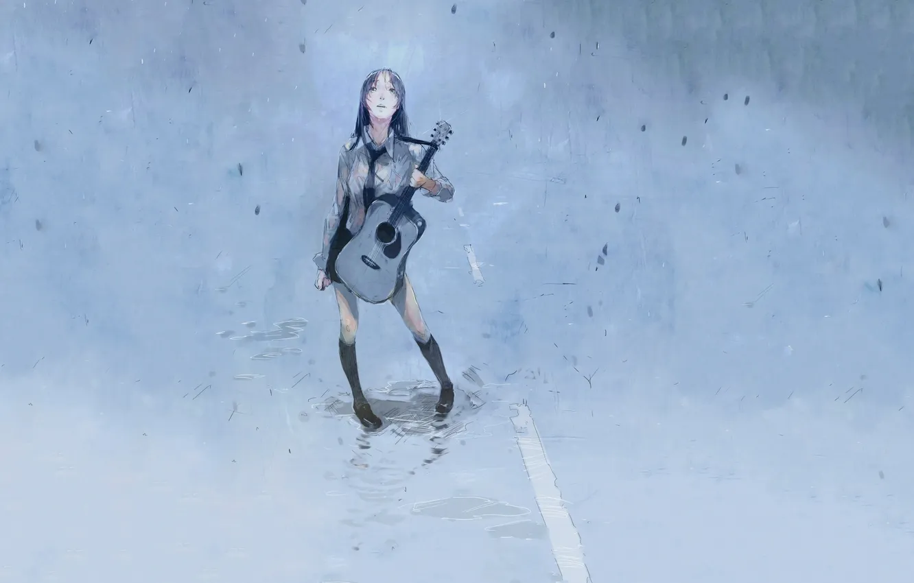 Photo wallpaper road, girl, rain, guitar